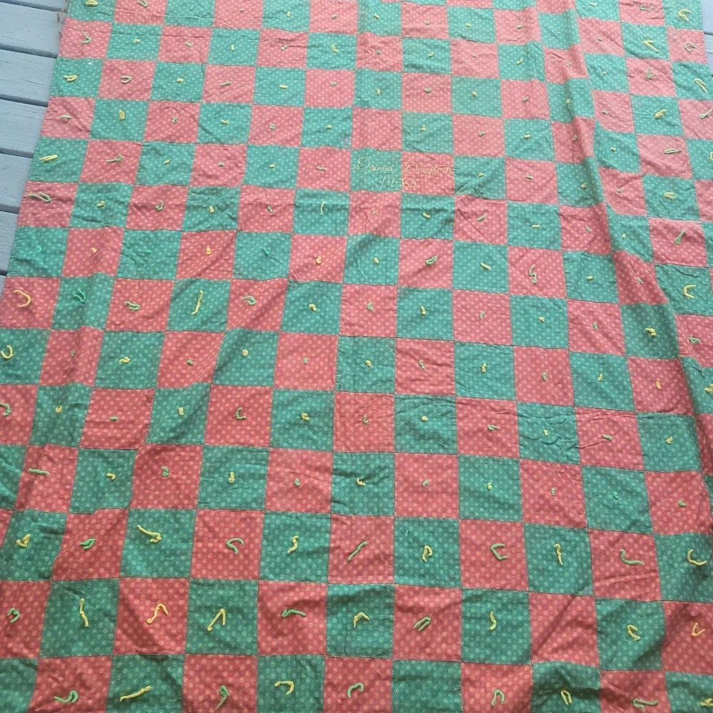 Vintage Handmade Quilt 64x80 Christmas Holiday Embroidered Name
